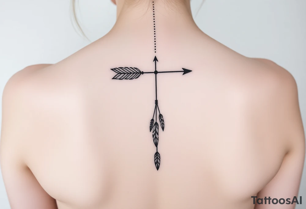 Thin spinal tattoo following down the spine in a native style with multiple different lengths flowing lines made of a discreet connection of morse code ".--- .- --.     .-.. ... -.- .- .-.   -.. .. --.     .-.. .. .-.. .-.. . -... .-. --- .-. forming an arrow connected to flowing feathers hanging from the morse code lines tattoo idea