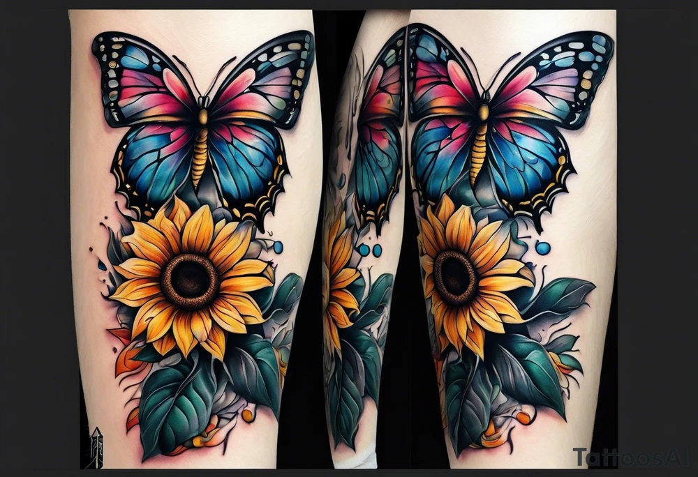 Sunflower and butterfly leg sleeve tattoo idea