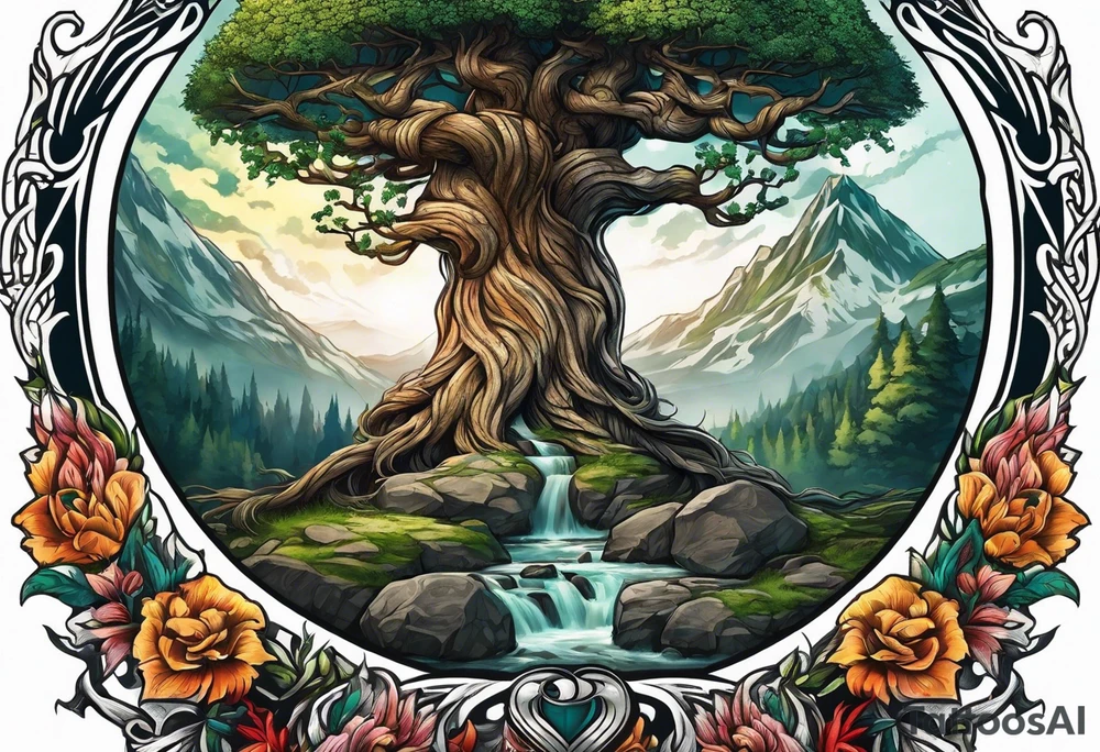 Yggdrasil with a long sword underneath tattoo idea
