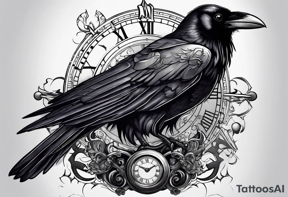 Raven sitting on a clockwork tattoo idea