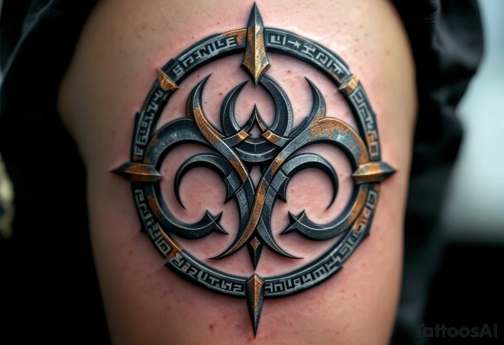 A heavy, Viking-style triskelion with a weathered iron or bronze texture, detailed with runes and Norse knotwork. Dark silver, deep copper, and black shading create a rugged, ancient look, symbolizing strength, resilience, and fate. tattoo idea