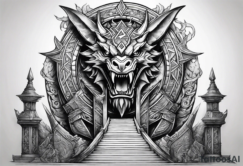 Valhalla sword shield dragon axe Valknut stairs tattoo idea