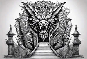 Valhalla sword shield dragon axe Valknut stairs tattoo idea