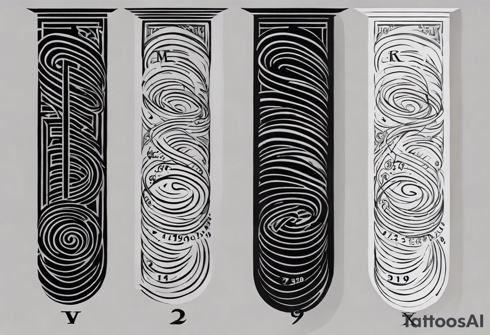 Spiraling down arm, Roman numeral of these dates 12/26/1997, 12/12/1998, 02/28/2019, 06/17/2023 tattoo idea