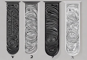 Spiraling down arm, Roman numeral of these dates 12/26/1997, 12/12/1998, 02/28/2019, 06/17/2023 tattoo idea
