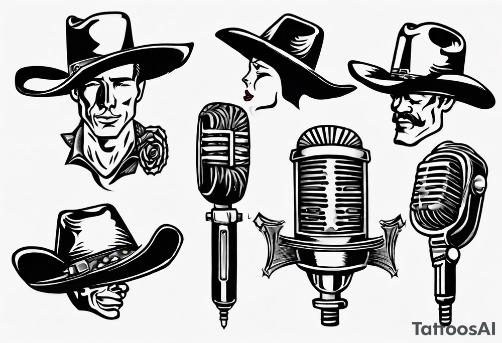 old school broadcast microphone with a cowboy hat on top of it. tattoo idea