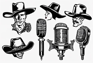 old school broadcast microphone with a cowboy hat on top of it. tattoo idea