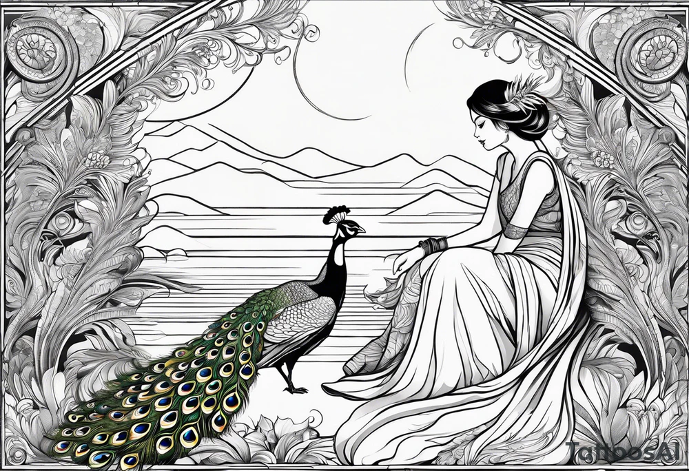 peacock along side a flowing  long river with a woman sitting at the end of it wearing a yellow dress and a handheld mirror in her hands tattoo idea