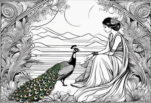 peacock along side a flowing  long river with a woman sitting at the end of it wearing a yellow dress and a handheld mirror in her hands tattoo idea