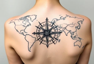 antique compass rose overlaid on weathered world map with sailing ships tattoo idea