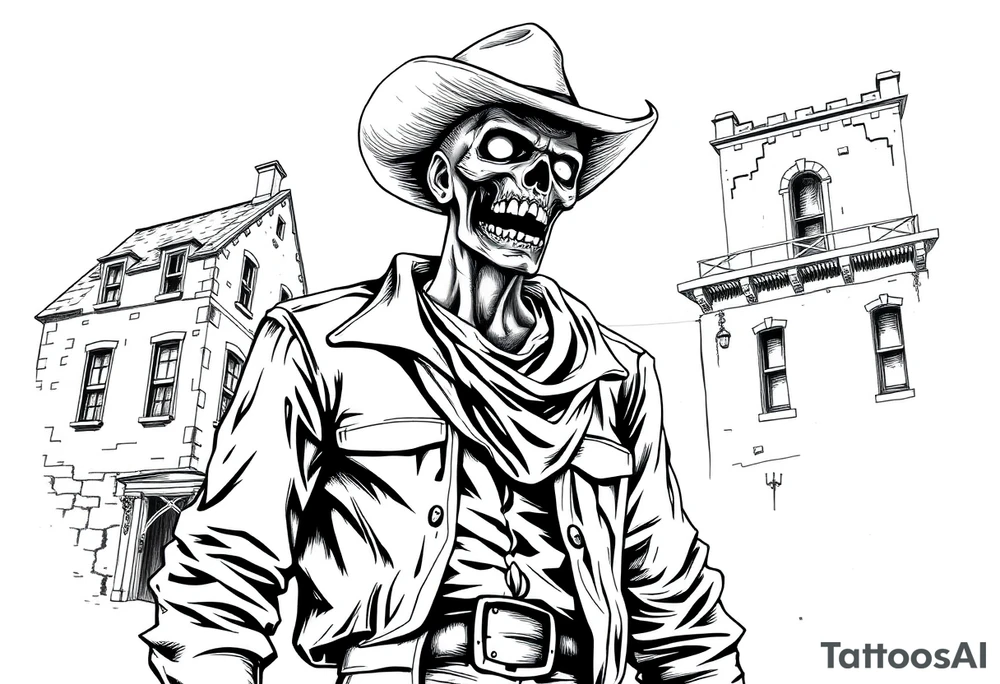 zombie in cowboy-clothing,old buildings. tattoo idea