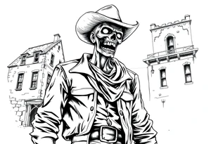 zombie in cowboy-clothing,old buildings. tattoo idea