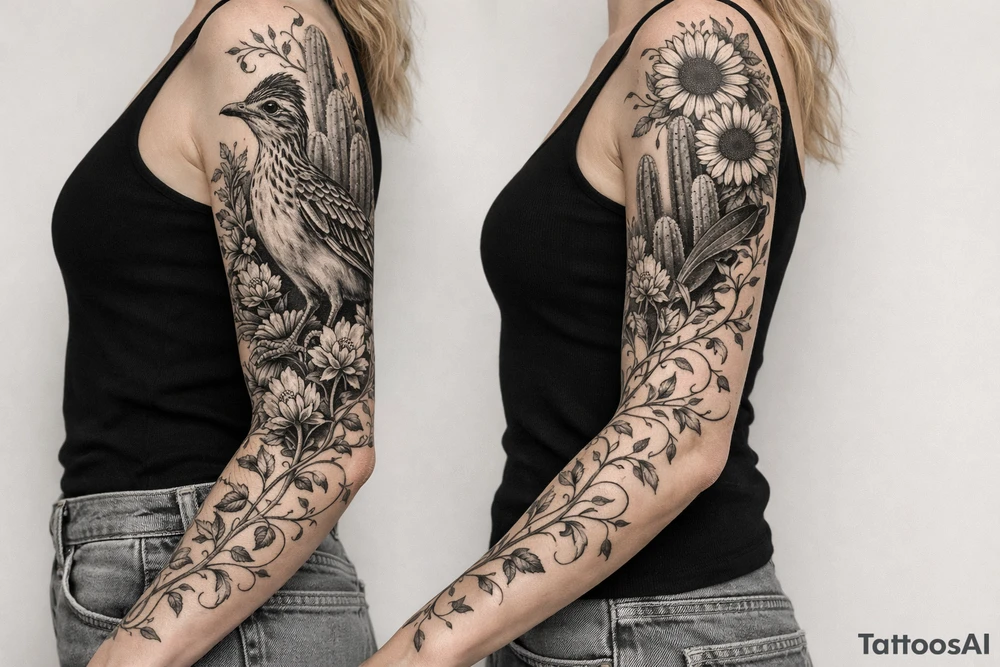 Medium size roadrunner surrounded by cactus and wildflowers including sunflowers and Indian paint brush flowers from shoulder onto hand with vines tattoo idea