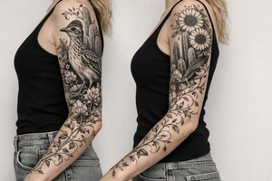 Medium size roadrunner surrounded by cactus and wildflowers including sunflowers and Indian paint brush flowers from shoulder onto hand with vines tattoo idea