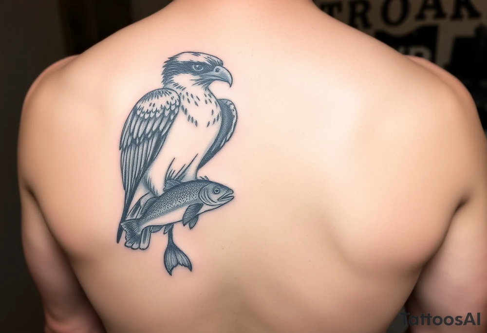 Realistic sized Osprey with a small trout in its talons tattoo idea