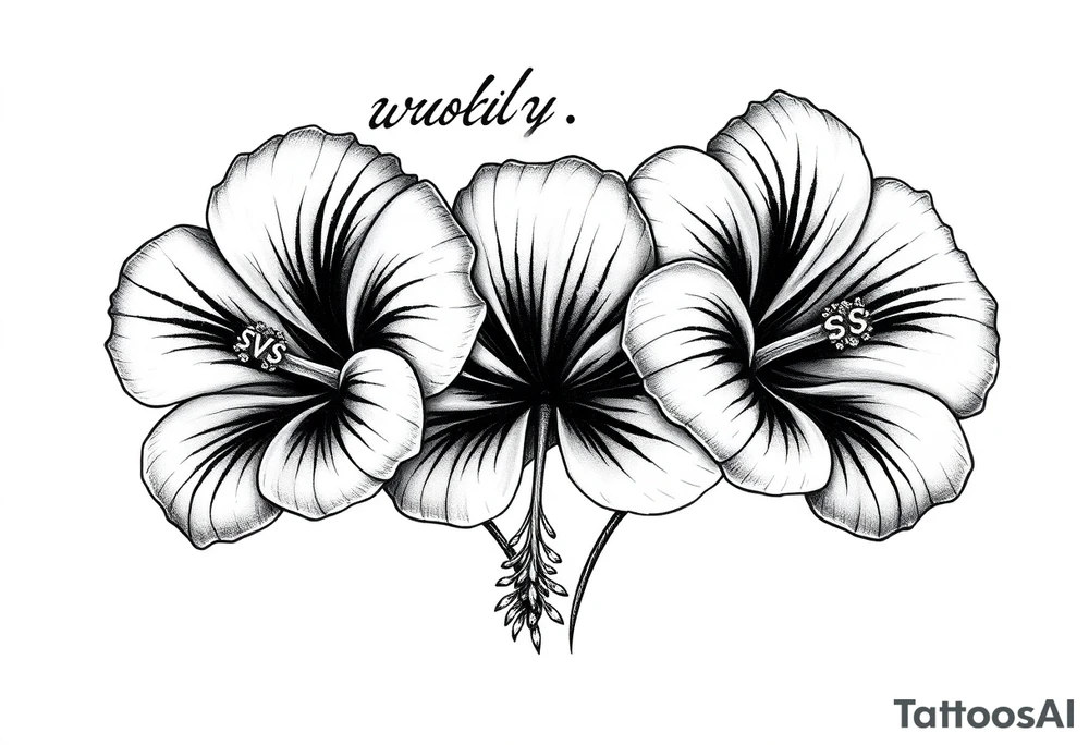3 Tribal Hibiscus flowers with the work “waloy” over them and the letters “svs” within the tribal flowers with each letters on each flowers tattoo idea