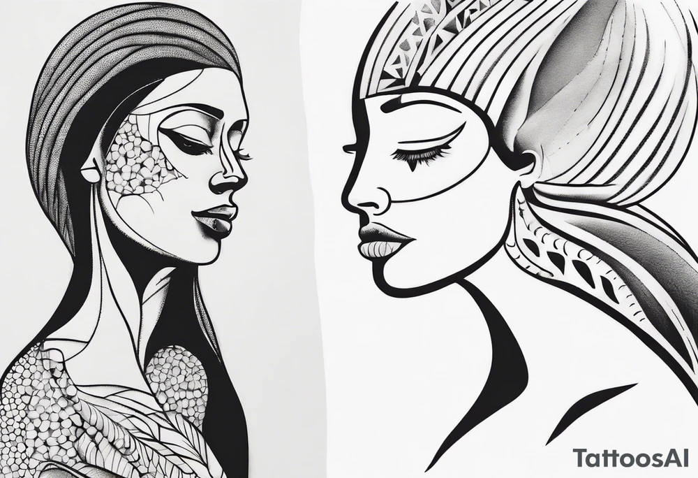 Abstract fine line woman dotwork tattoo idea