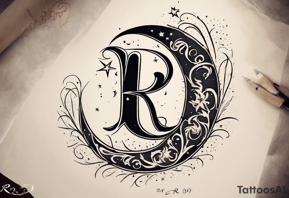 a custom tattoo design for my daughter, incorporating the letter 'R' in a decorative or cursive font, seamlessly blending with a crescent moon shape. Surrounding the 'R,' I envision delicate stars forming a celestial theme. The date '090123' should be prominently integrated, possibly beneath the 'R' or positioned below the celestial elements. I'd like the design to symbolize a harmonious connection between the 'R,' celestial elements, and the birthdate. tattoo idea