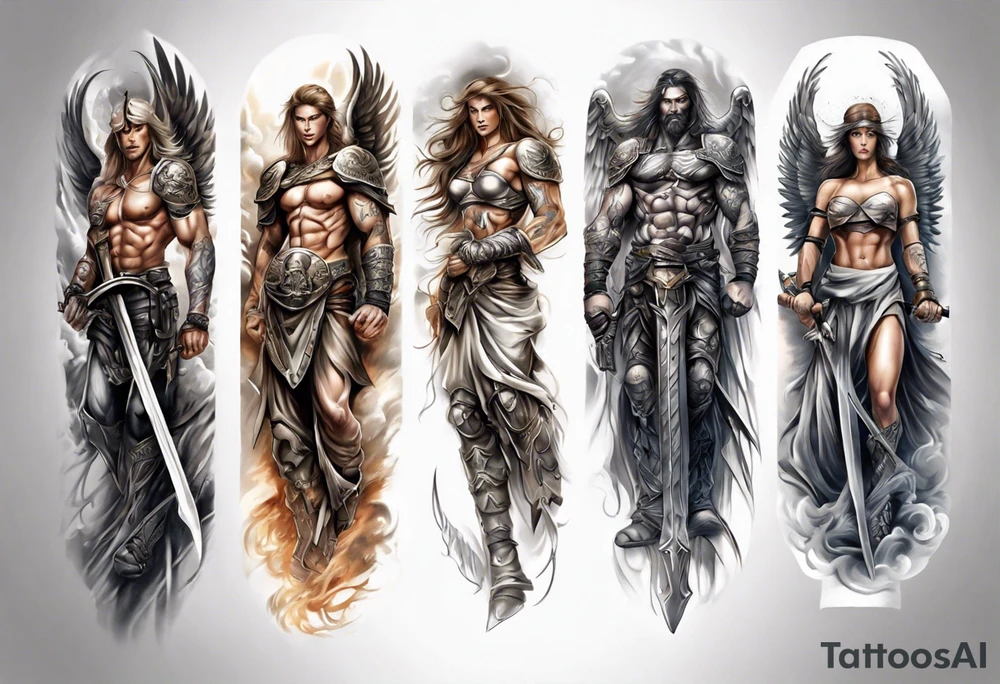 Full arm sleeves with warrior angels on it tattoo idea
