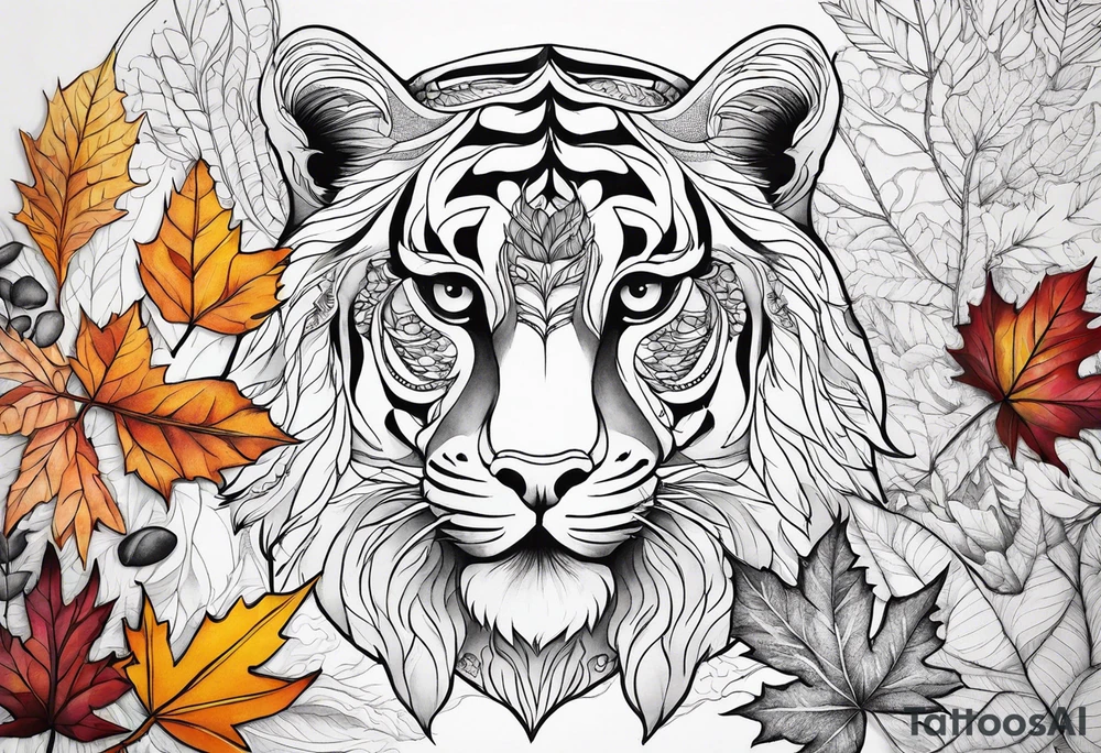 thigh tattoo with fall colors and nature theme tattoo idea