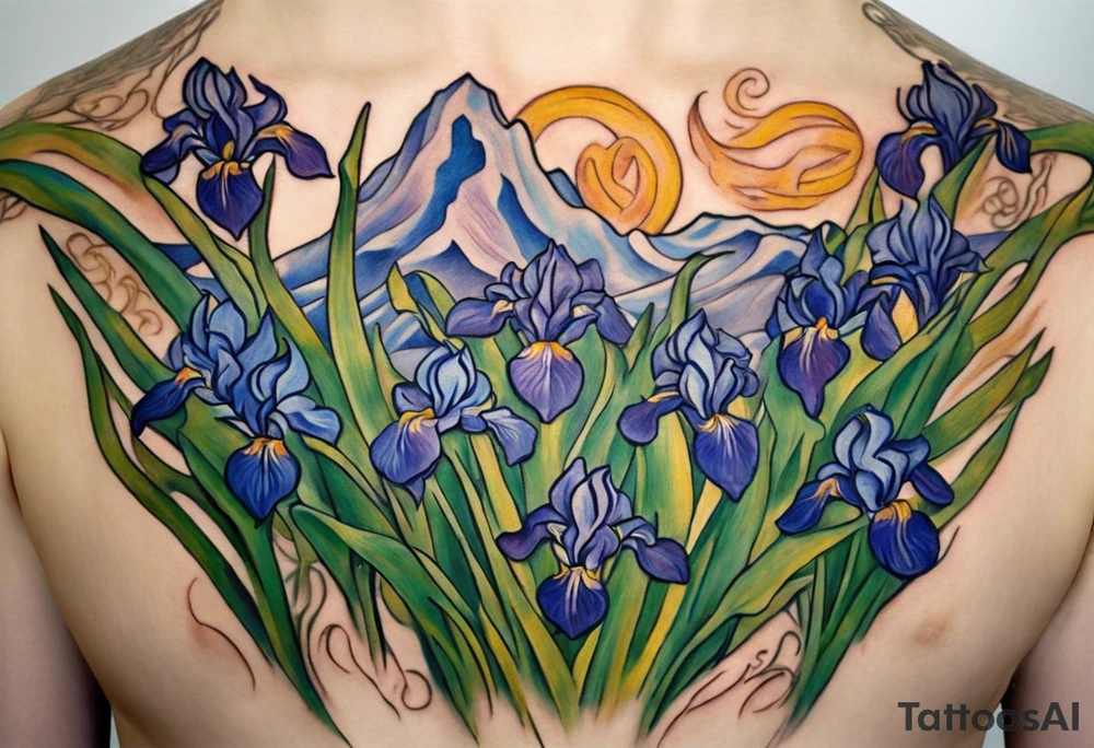 Create a condensed, thick, colorful Vincent van Gogh's Irises tattoo, with vines in Celtic knots gracefully holding mountains. The intended placement is on the upper chest. The overall design should be small in size while maintaining a delicate and artistic aesthetic. Pay attention to the graceful flow of the vines and the placement of the irises to achieve a refined and elegant look. tattoo idea