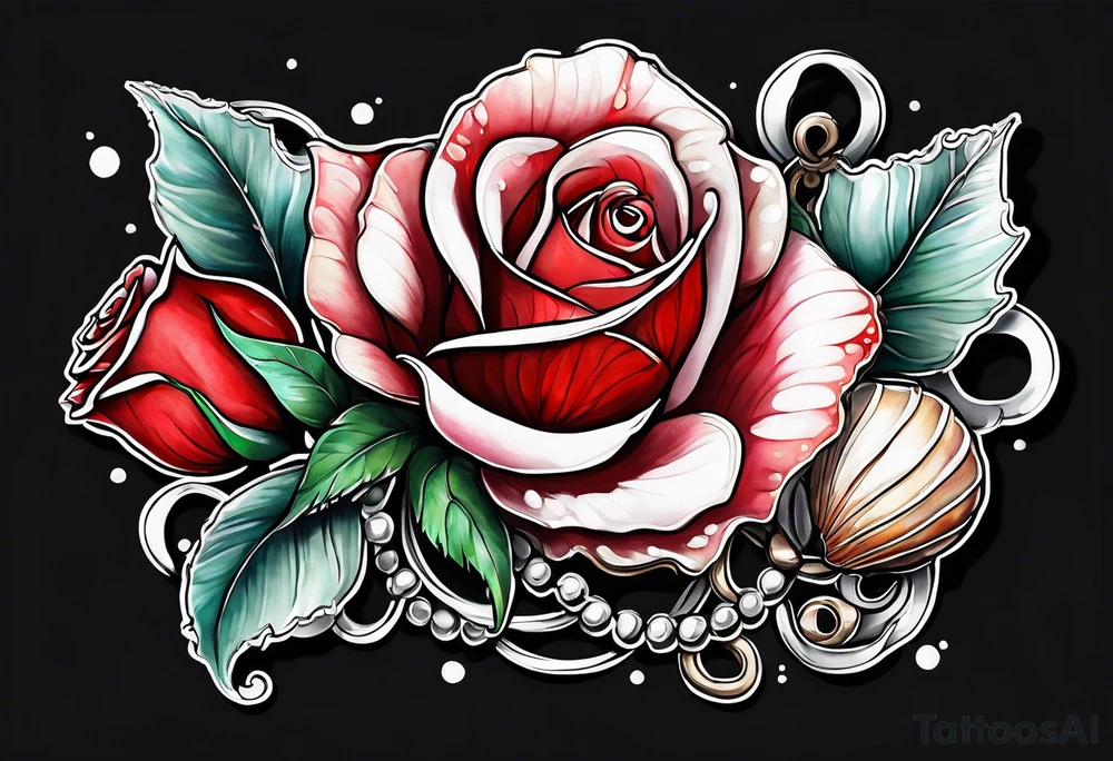 Red roses with a chain of pearls and seashells tattoo idea