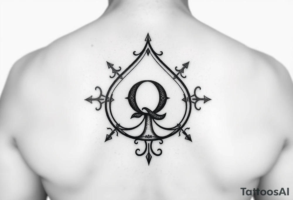 A spade womb tattoo with a Q in the center, with three points around the outside. The first reading, "BLACK". The second reading, "SEED". The third reading, "ONLY". tattoo idea