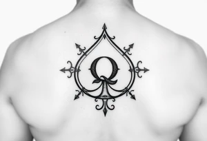 A spade womb tattoo with a Q in the center, with three points around the outside. The first reading, "BLACK". The second reading, "SEED". The third reading, "ONLY". tattoo idea