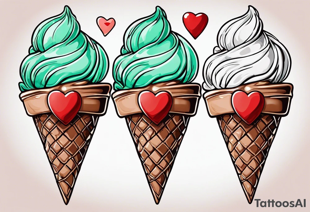 mint chocolate chip ice cream cone with small red heart on it somewhere. tattoo idea
