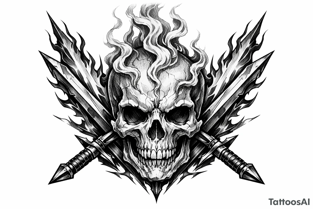 A stylized skull with smoke tendrils rising, framed by fiery sword blades. tattoo idea