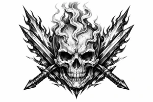 A stylized skull with smoke tendrils rising, framed by fiery sword blades. tattoo idea