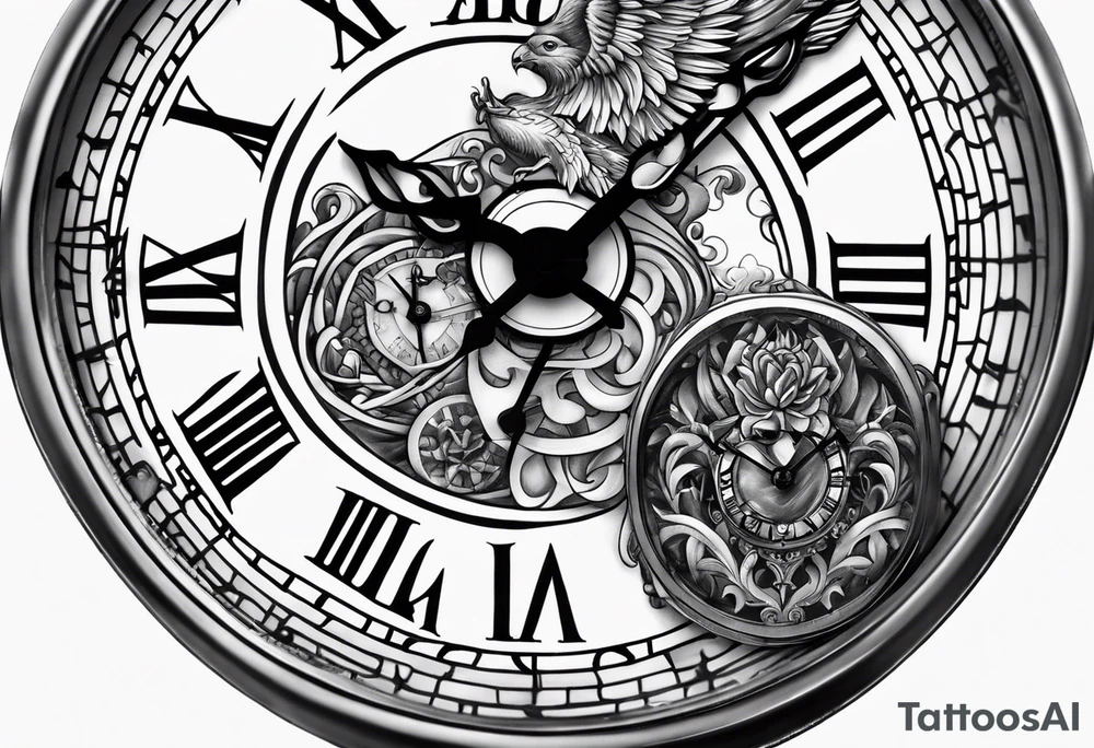 hand holding a clock that says God’s Timing tattoo idea