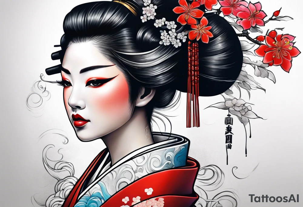 geisha girl that is also a Japanese waterfall tattoo idea