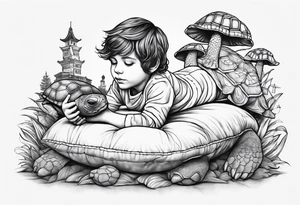 Kid with brown hair playing with a pillow with a turtle image coved tattoo idea