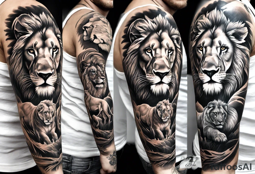 Full sleeve tattoo depicting a large lion protecting his lioness and 6 lion cubs. Background should depict a safari scene tattoo idea