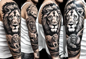 Full sleeve tattoo depicting a large lion protecting his lioness and 6 lion cubs. Background should depict a safari scene tattoo idea