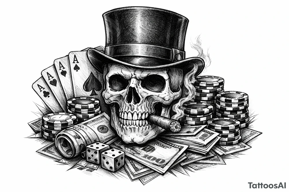 skull with cigar in his mouth,top-hat surrounded by poker-chips,paying cards and money. tattoo idea