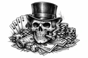 skull with cigar in his mouth,top-hat surrounded by poker-chips,paying cards and money. tattoo idea