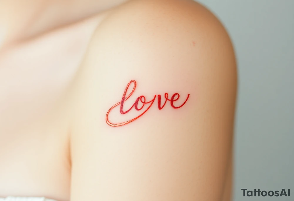 A ribbon-like infinity symbol in soft rose gold, wrapping around the word "love" in a warm, romantic hue tattoo idea