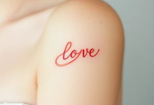 A ribbon-like infinity symbol in soft rose gold, wrapping around the word "love" in a warm, romantic hue tattoo idea