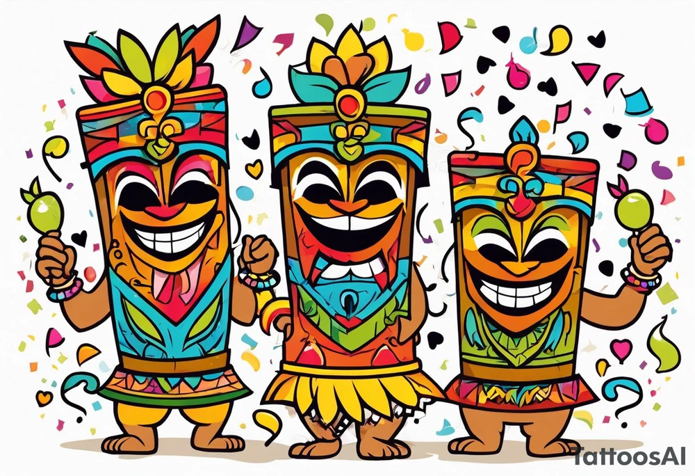 tiki party with dancing tiki guys and sexy tiki girls with music notes and confetti tattoo idea