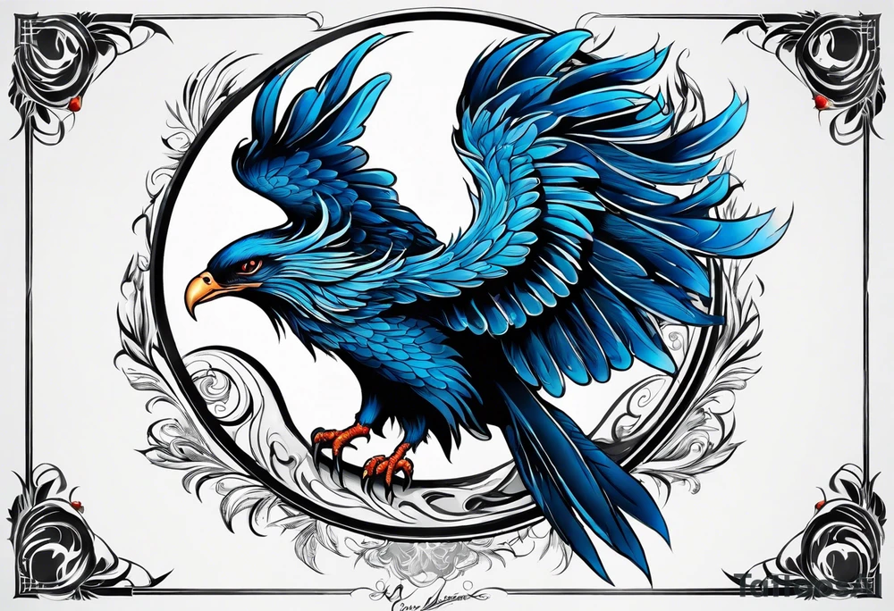 phoenix sur une lune bleu tattoo idea