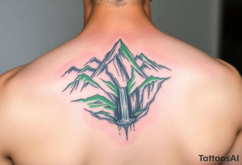သား  surrounded by a colorful green mountainside with a waterfall tattoo idea