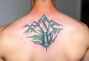 သား  surrounded by a colorful green mountainside with a waterfall tattoo idea