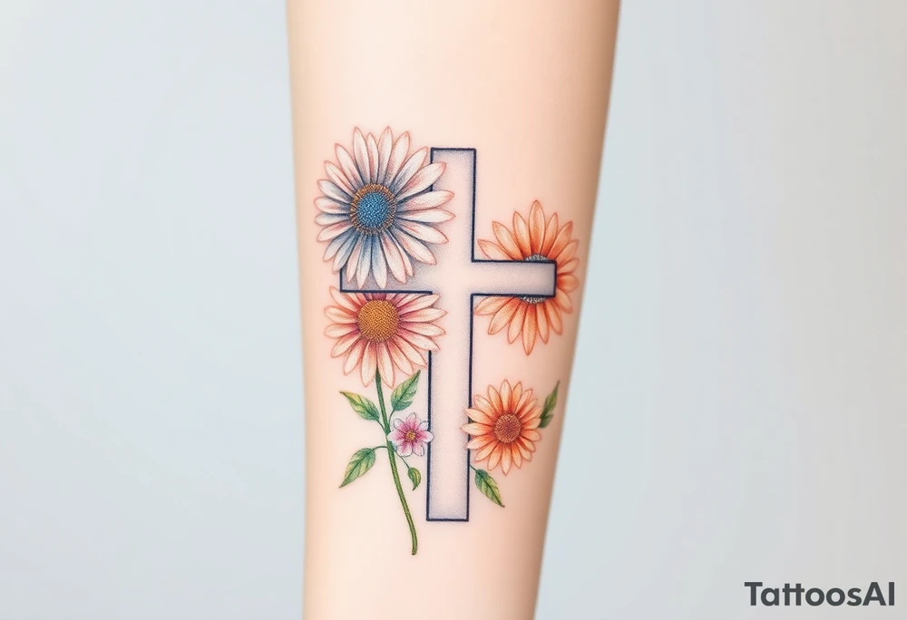 Gerber daisys behind negative space cross for forearm - more flowers under cross tattoo idea