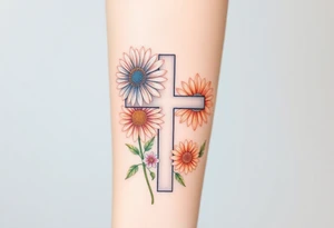 Gerber daisys behind negative space cross for forearm - more flowers under cross tattoo idea