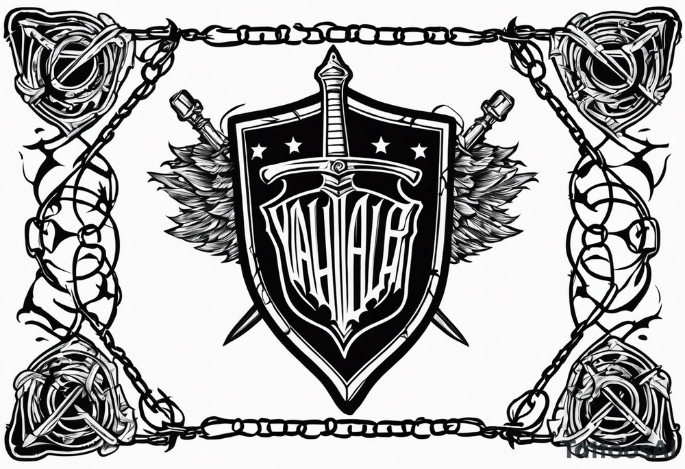 Valhalla sword shield barb wire chain tattoo idea