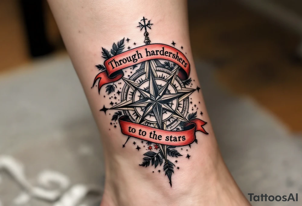 Wrapped in a crimson banner, the phrase “Through hardships to the stars” winds around a black-inked compass rose. tattoo idea