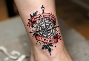 Wrapped in a crimson banner, the phrase “Through hardships to the stars” winds around a black-inked compass rose. tattoo idea
