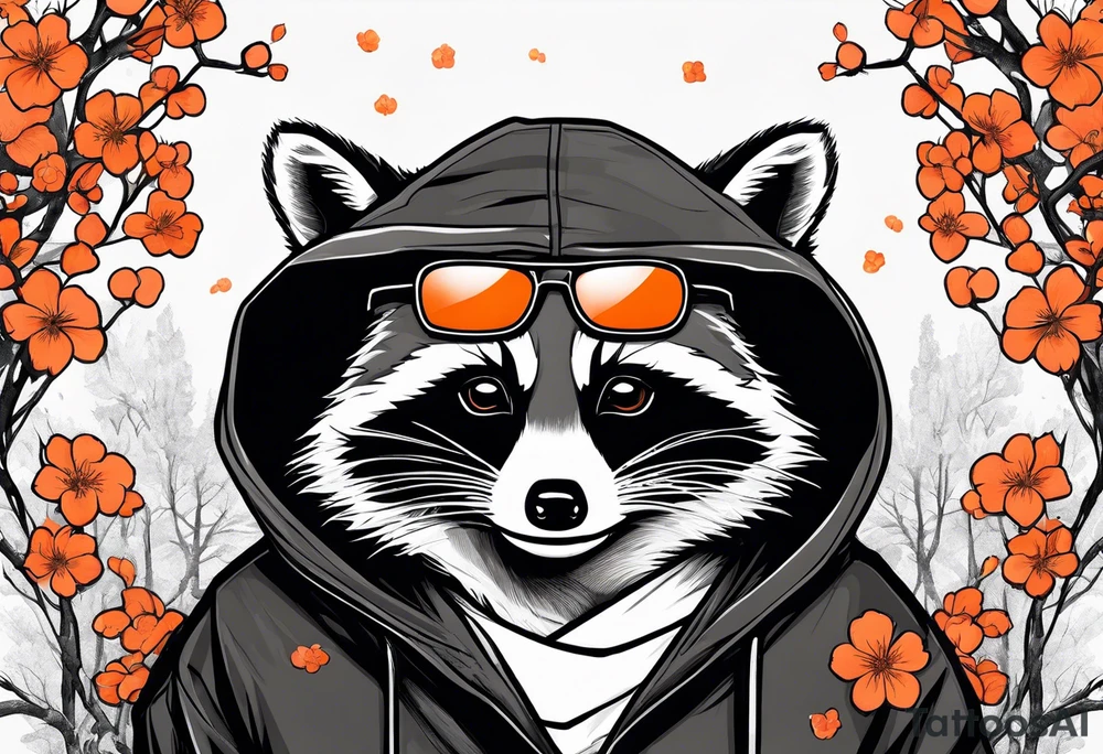 Raccoon wearing a white Superman logo on a black hoodie and orange Japanese cherry blossoms tattoo idea